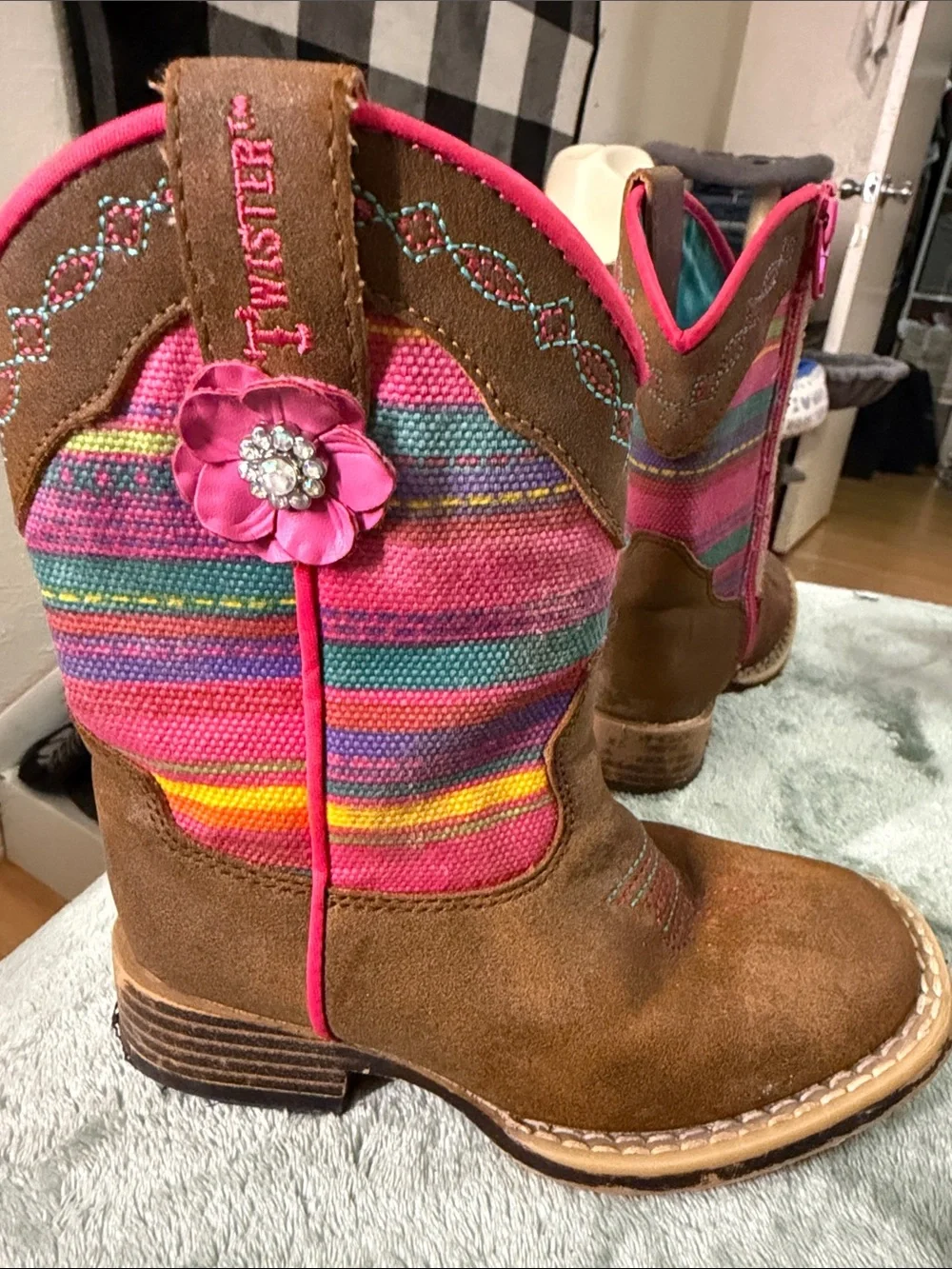 Twister Brown Suede Kids Western Boots with Pink Multi-Stripe Shaft